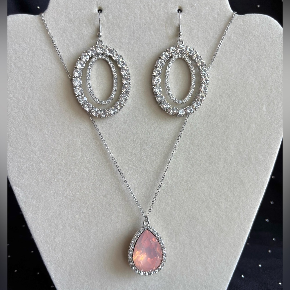 Silver Teardrop Pink Crystal Necklace and Earrings Set
